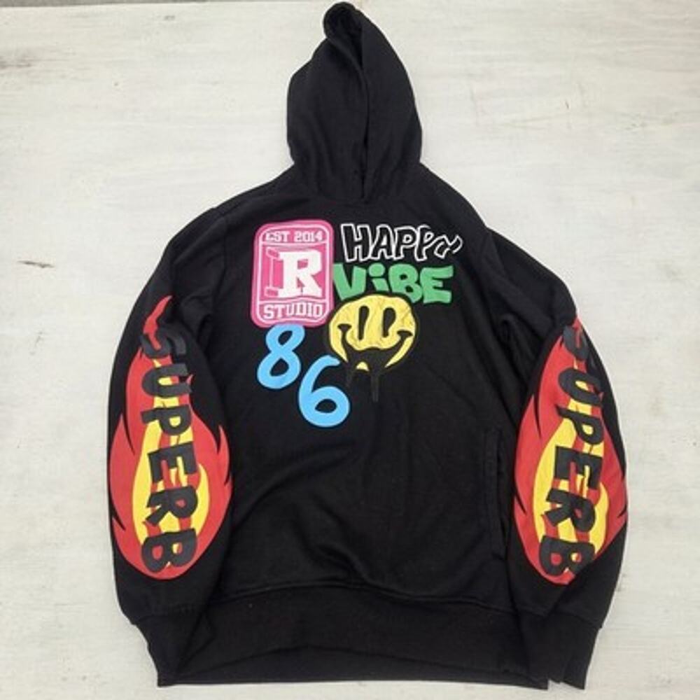 Rebel Minds Mens Small Black Pullover Hoodie Happy Vibe Hip Hop Skater Grunge